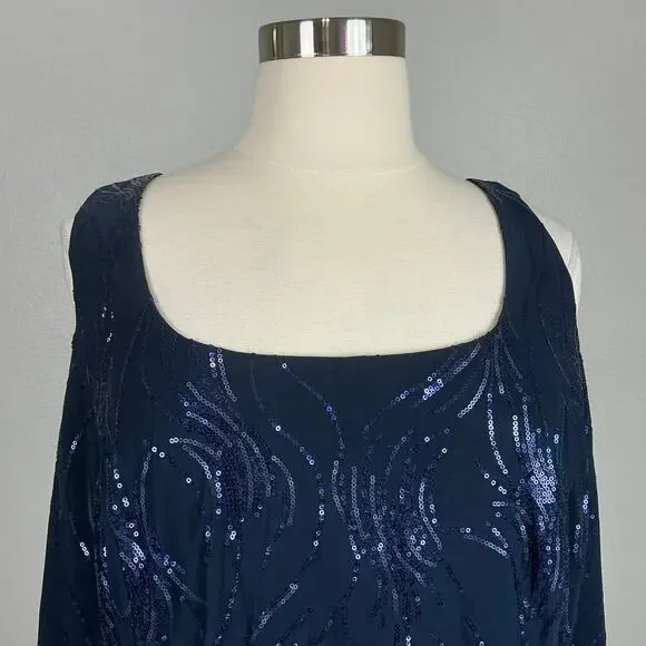 Alex Evenings Sequined Chiffon Midi A-Line Cocktail Dress Navy Blue Size 24W - Picture 8 of 12